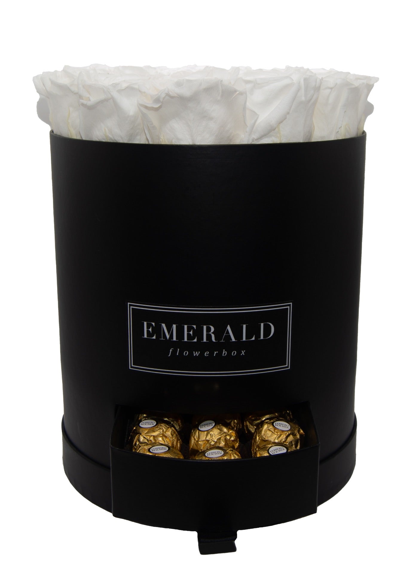 Flowerbox de Rosas Preservadas Brancas com Bombons Ferrero Rocher®