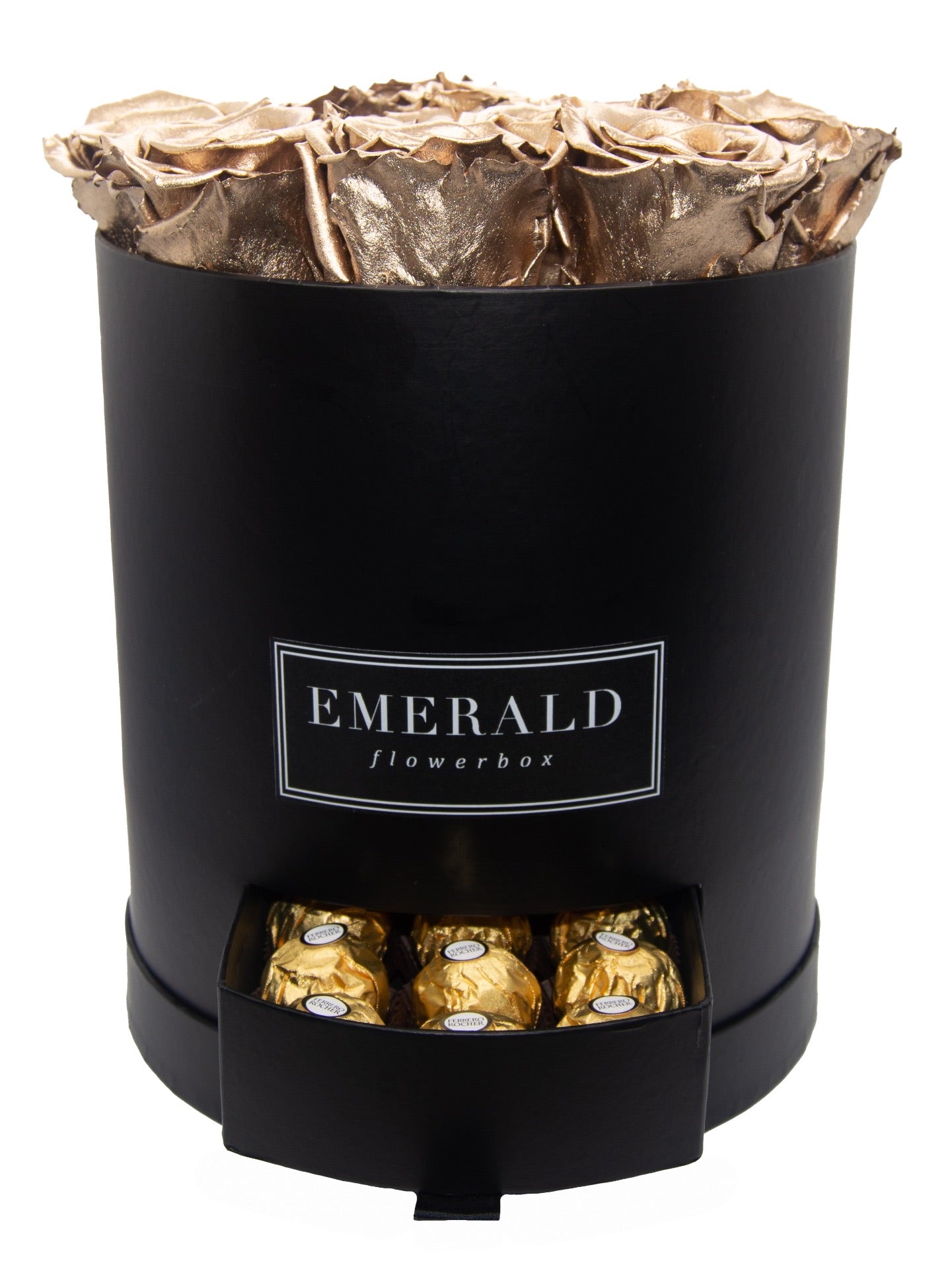 Flowerbox de Rosas Preservadas Douradas com Bombons Ferrero Rocher®