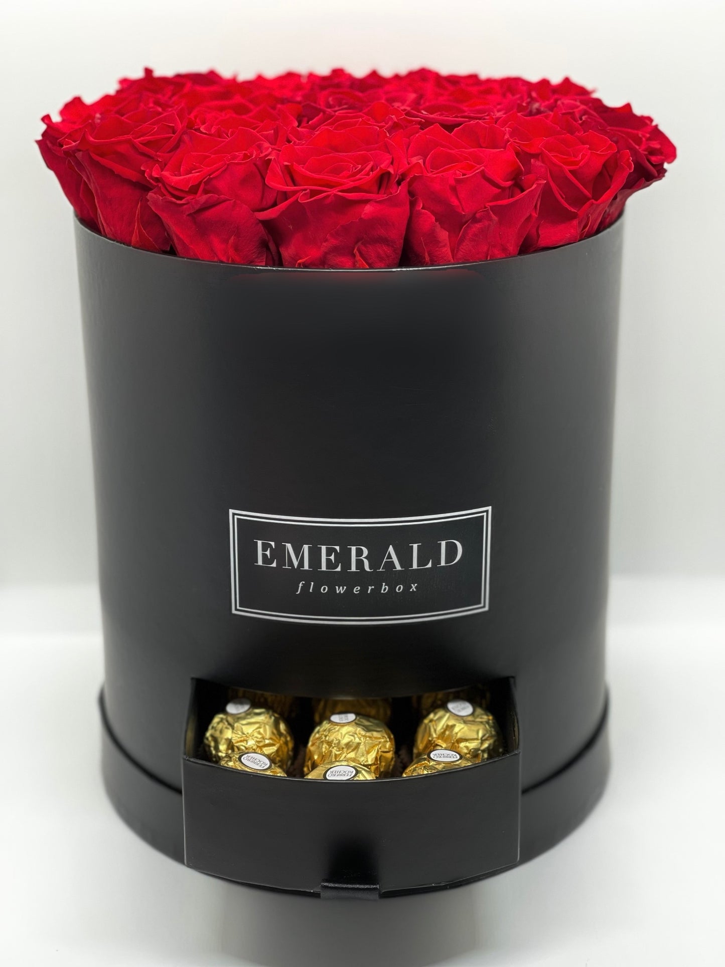 Flowerbox de Rosas Preservadas Bordô com Bombons Ferrero Rocher®