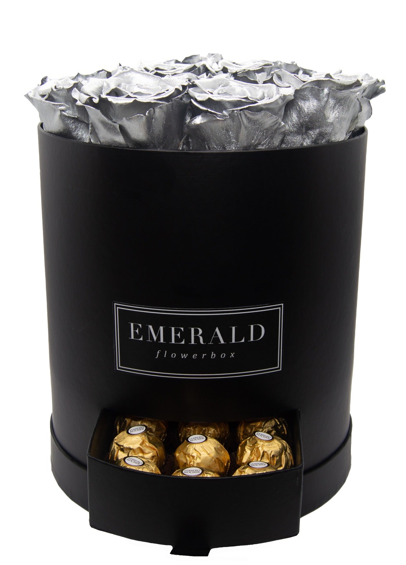 Flowerbox de Rosas Preservadas Prateadas com Bombons Ferrero Rocher®